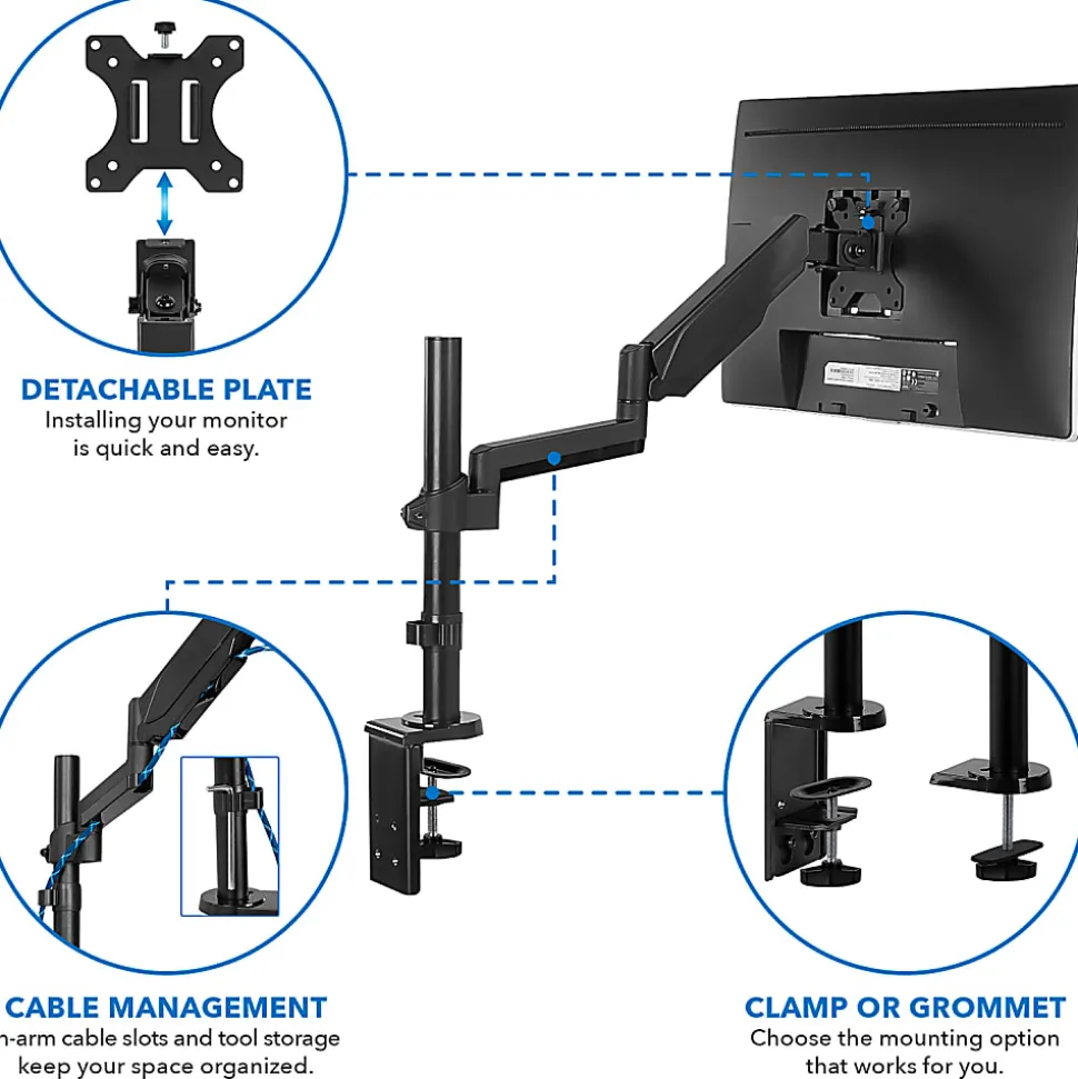 Mount-It! MI-4761 Single Monitor Arm Desk Mount, 16"H x 6"W x 4.8"D, Black