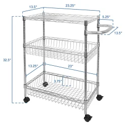 Mount-It! MI-7860 3-Tier Rolling Utility Cart, 32-1/2”H x 23-5/16”W x 13-1/2”D, Silver