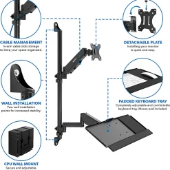 Mount-It! MI-7991 Wall-Mount Workstation With Monitor Mount, Keyboard Tray And CPU Holder, 37