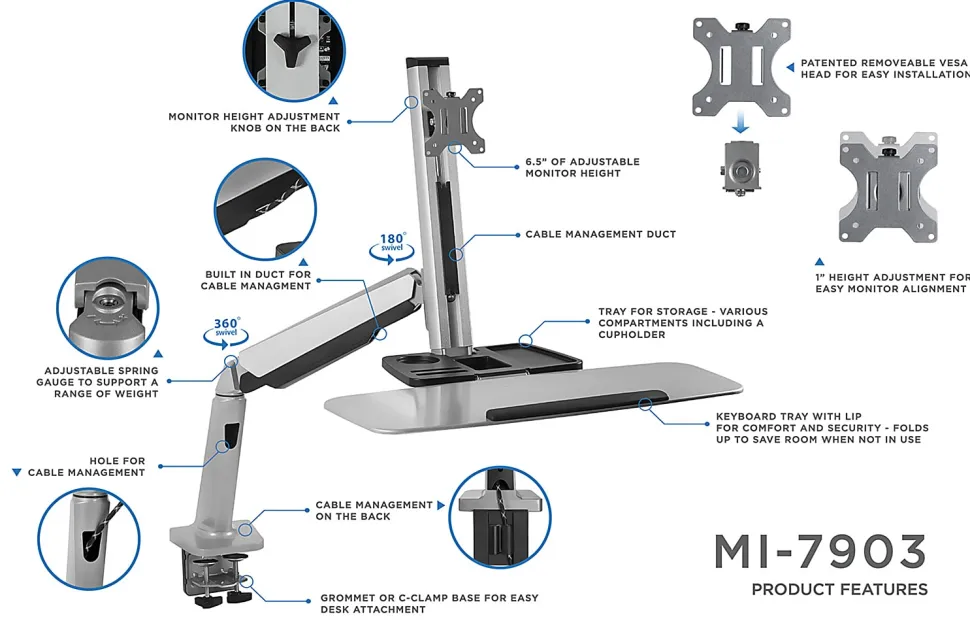 Mount-It! MI-7903 36"W Sit-Stand Workstation For Single Monitor And Keyboard, Silver