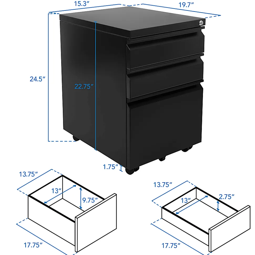 Mount-It! Mobile File Cabinet, 3 Drawers, 15-5/16” x 24-1/2”, White