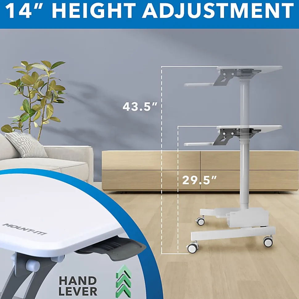 Mount-It! Mobile Sit-Stand Computer Workstation, 43-5/16"H x 28"W x 23"D, White