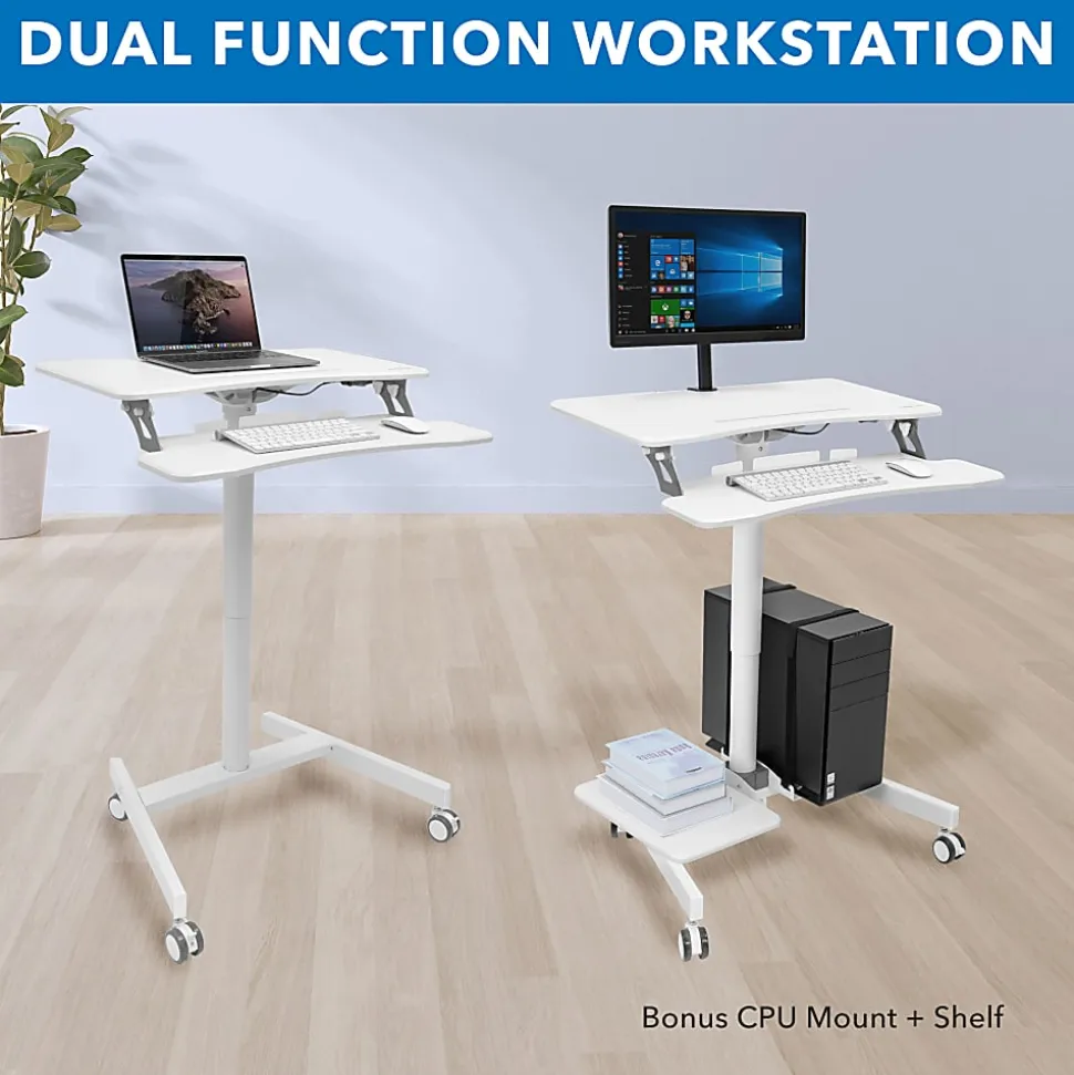 Mount-It! Mobile Sit-Stand Computer Workstation, 43-5/16"H x 28"W x 23"D, White