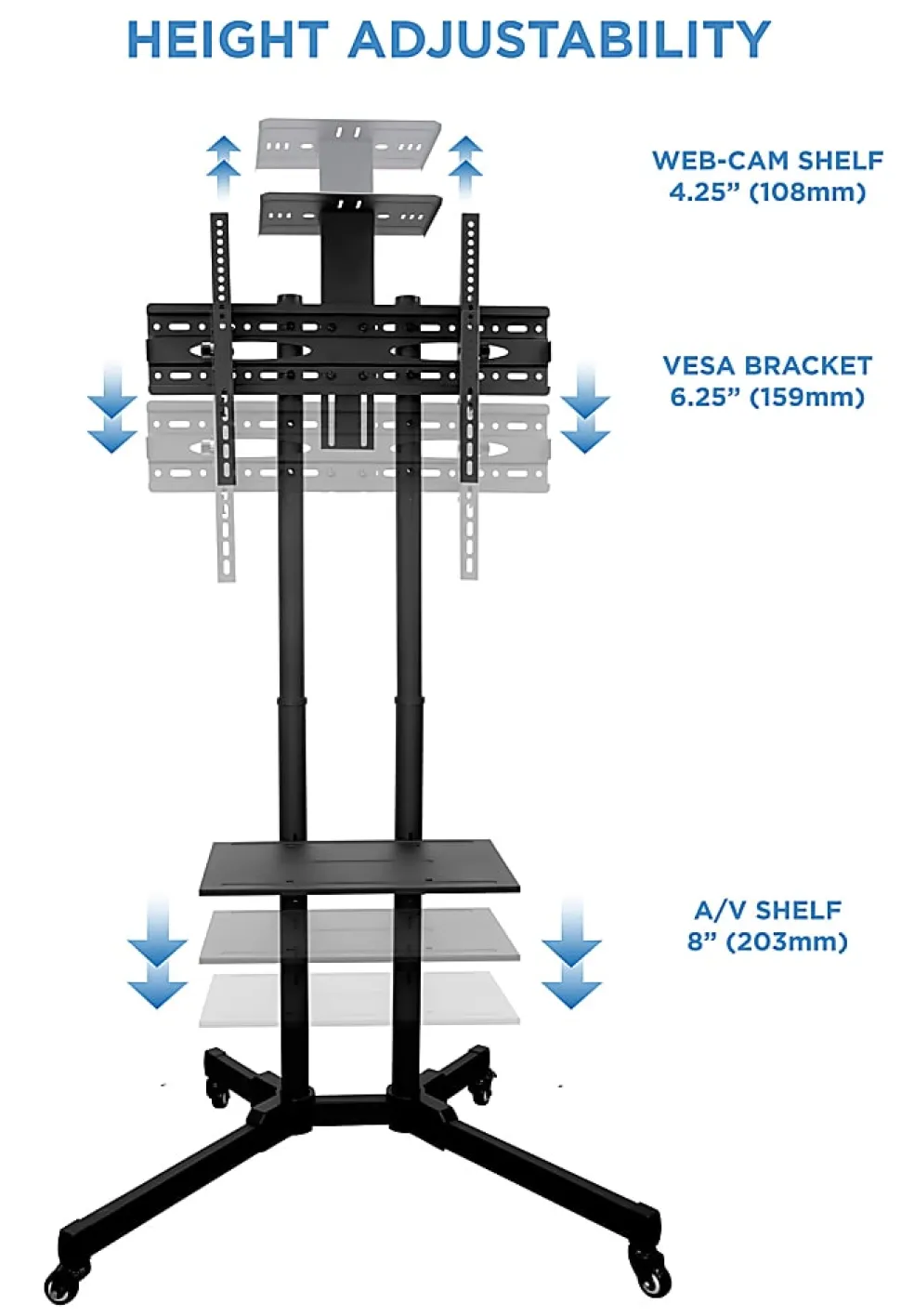 Mount-It! Mobile TV Stand With Rolling Casters And Shelf For 37” - 70” Displays, 70"H x 35"W x 25"D, Black