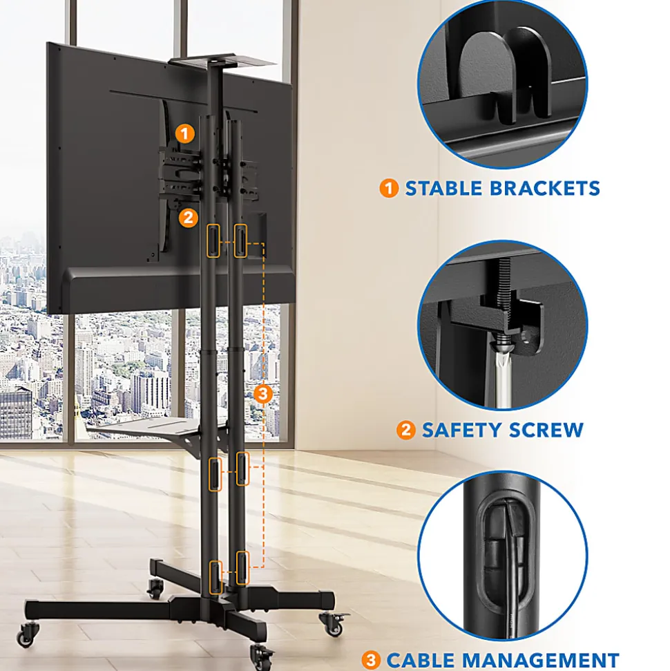 Mount-It! Mobile TV Stand With Rolling Casters And Shelf For 37” - 70” Displays, 70"H x 35"W x 25"D, Black