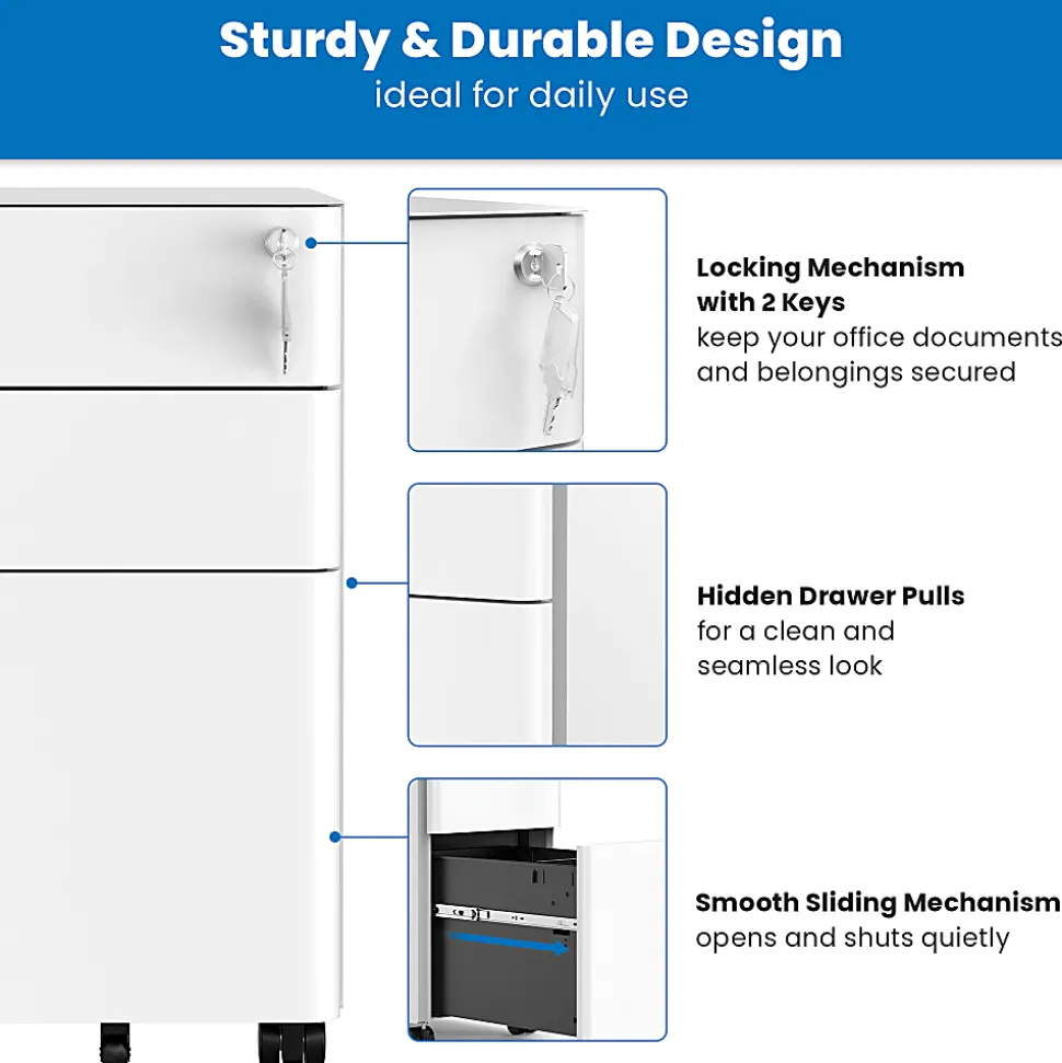 Mount-It! Slim 20"D Vertical 3-Drawer Rolling File Cabinet, White