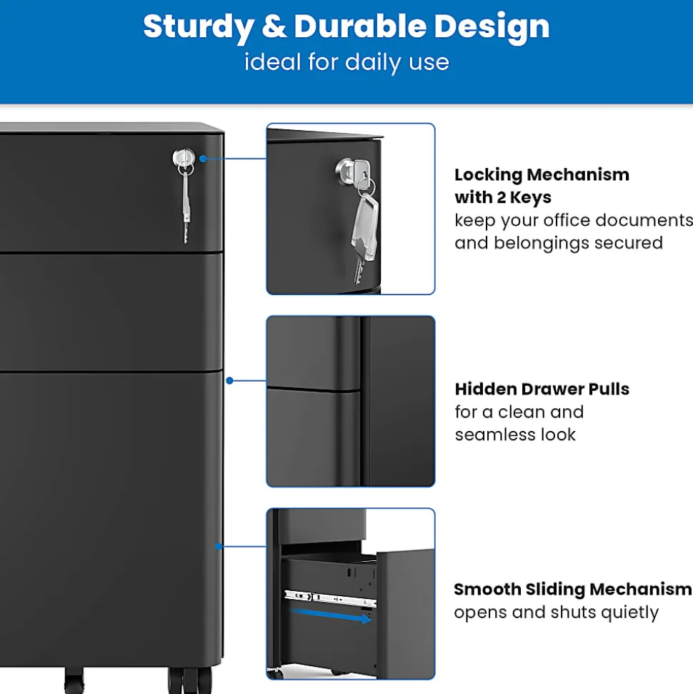 Mount-It! Slim 20"D Vertical 3-Drawer Rolling File Cabinet, Black