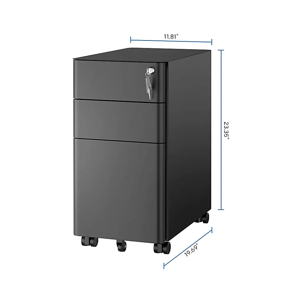 Mount-It! Slim 20"D Vertical 3-Drawer Rolling File Cabinet, Black