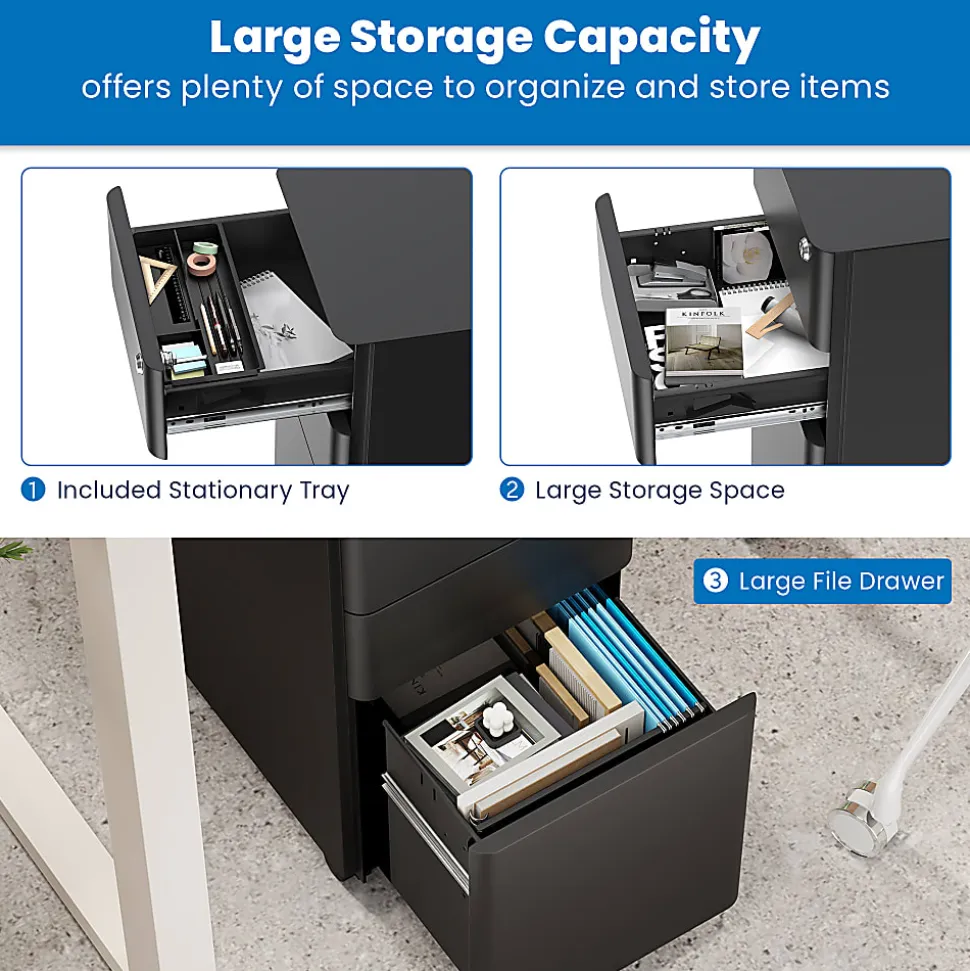 Mount-It! Slim 20"D Vertical 3-Drawer Rolling File Cabinet, Black