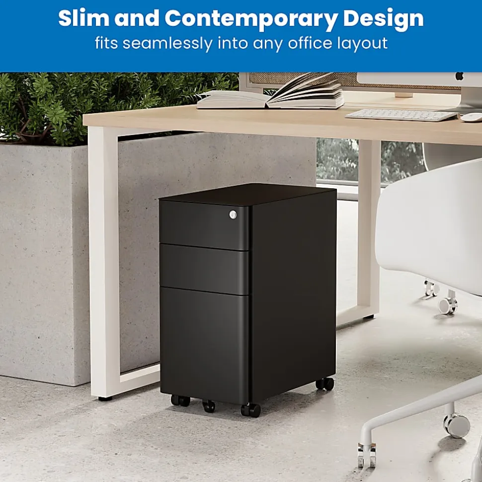 Mount-It! Slim 20"D Vertical 3-Drawer Rolling File Cabinet, Black