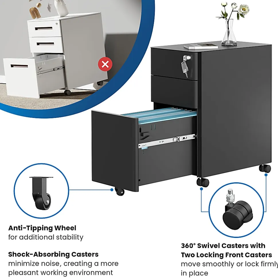 Mount-It! Slim 20"D Vertical 3-Drawer Rolling File Cabinet, Black