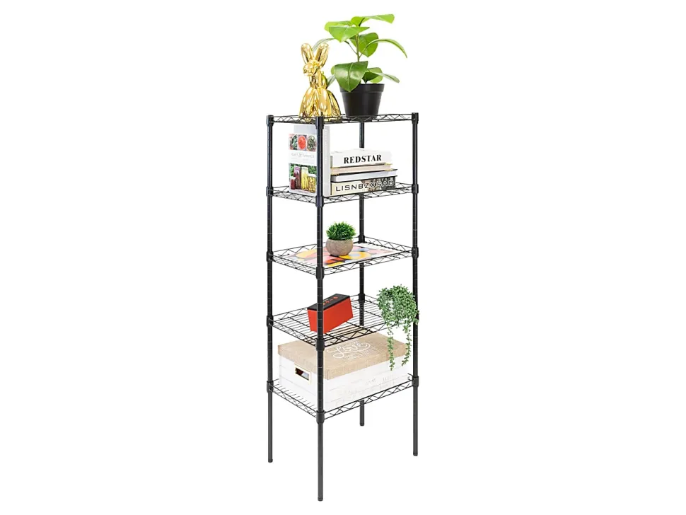 Mount-It! Stainless-Steel Adjustable Shelving Unit, 5-Tiers, 48-1/2"H x 16-1/2"W x 12"D, Black