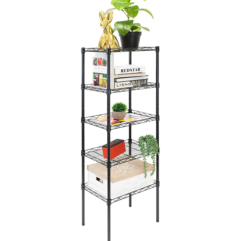 Mount-It! Stainless-Steel Adjustable Shelving Unit, 5-Tiers, 48-1/2"H x 16-1/2"W x 12"D, Black