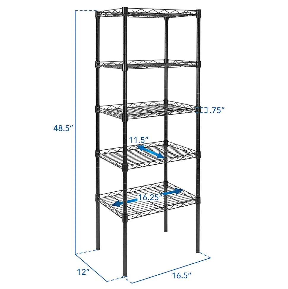 Mount-It! Stainless-Steel Adjustable Shelving Unit, 5-Tiers, 48-1/2"H x 16-1/2"W x 12"D, Black