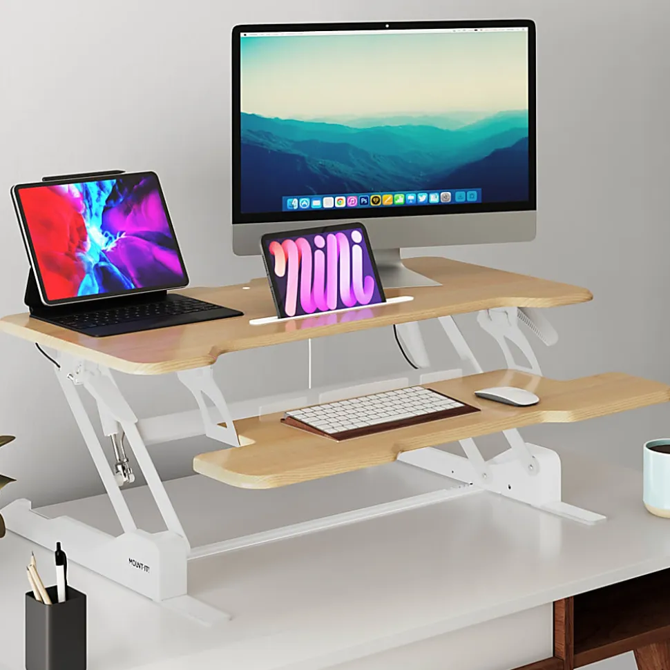 Mount-It! Standing Desk Converter With Adjustable Height And 38"W Desktop, Maple Woodgrain