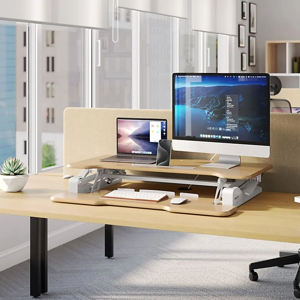 Mount-It! Standing Desk Converter With Adjustable Height And 38"W Desktop, Maple Woodgrain