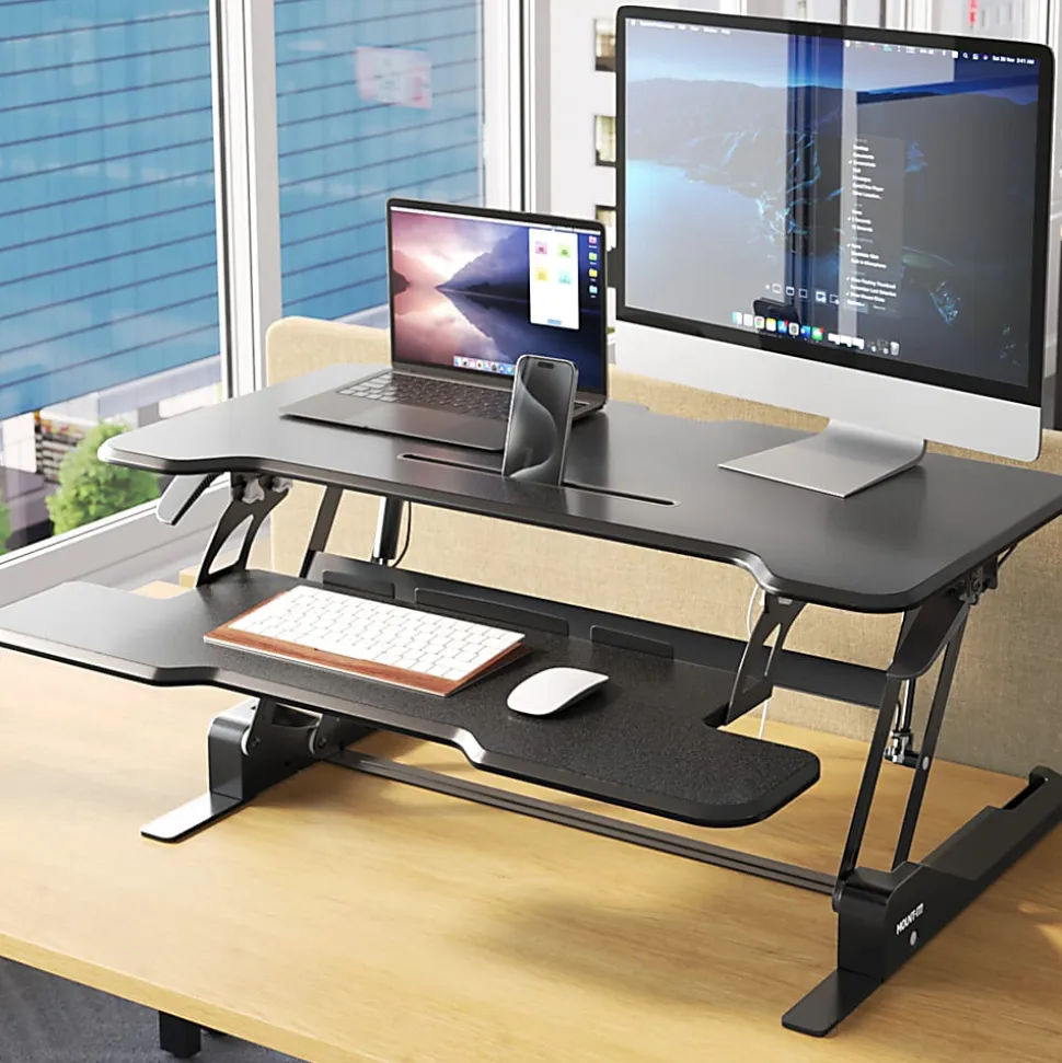 Mount-It! Standing Desk Converter With Adjustable Height And 38"W Desktop, Black