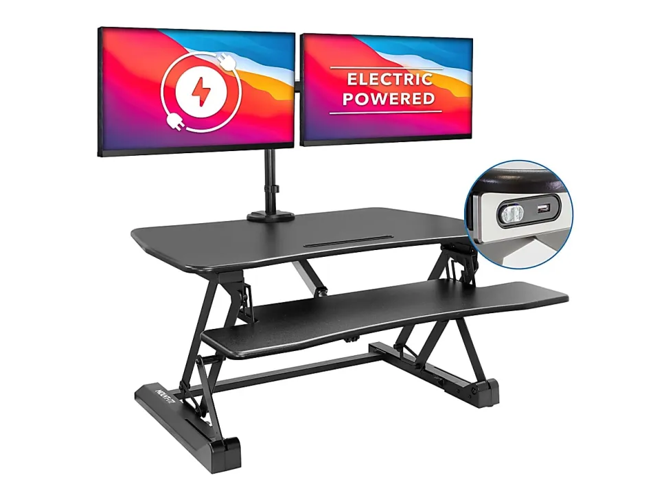 Mount-It! 33"W Electric Adjustable Height Sit-Stand Desk Converter With Dual Monitor Mount, Black