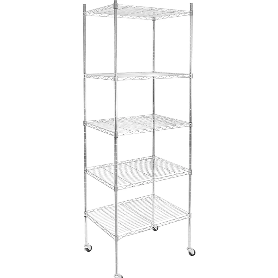 Mount-It! Wire Shelving With Wheels, 5-Tiers, 74-1/4"H x 24"W x 18"D, Silver