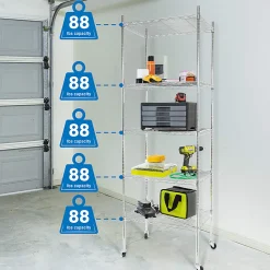 Mount-It! Wire Shelving With Wheels, 5-Tiers, 74-1/4