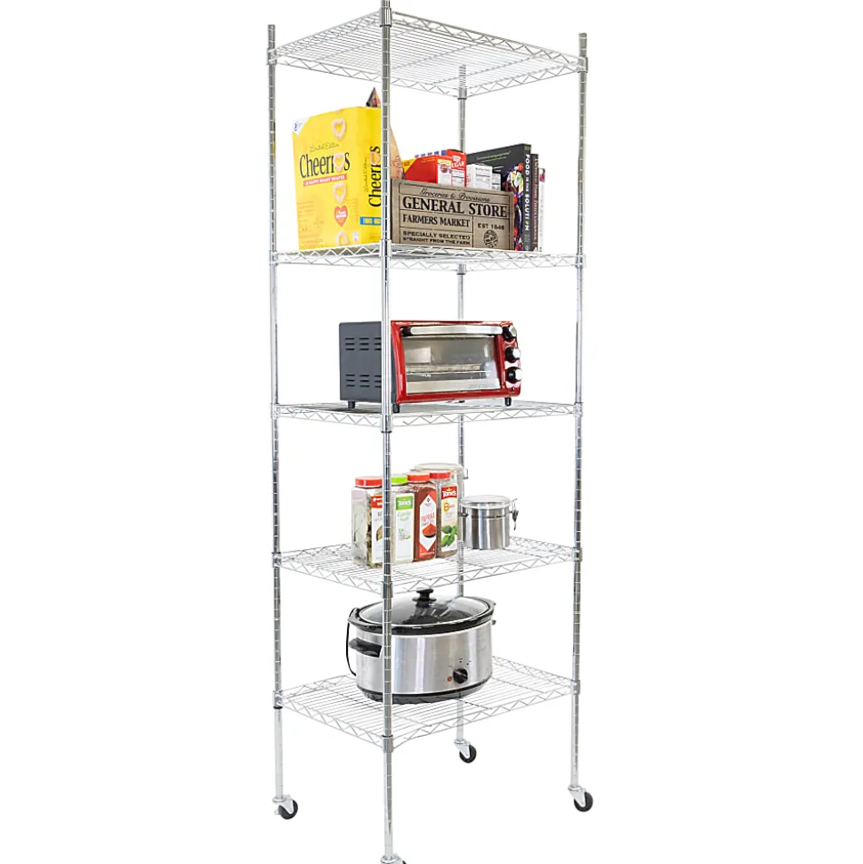 Mount-It! Wire Shelving With Wheels, 5-Tiers, 74-1/4"H x 24"W x 18"D, Silver
