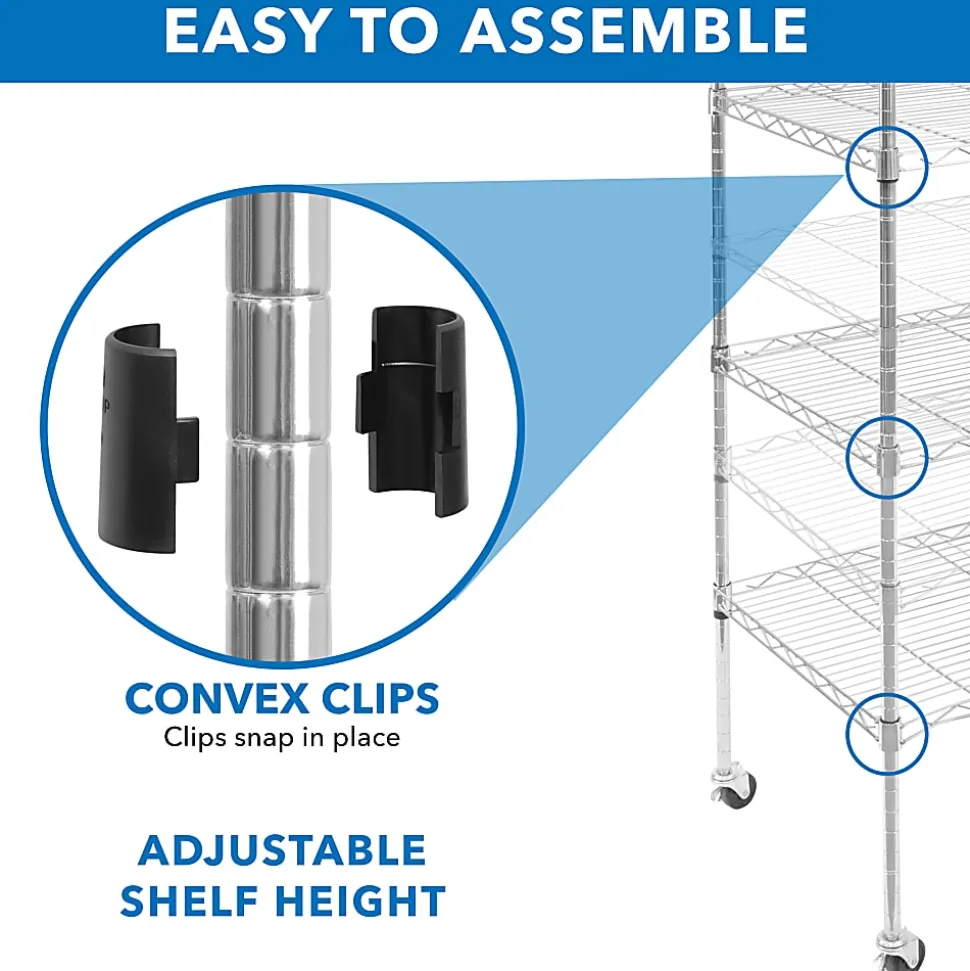 Mount-It! Wire Shelving With Wheels, 5-Tiers, 74-1/4"H x 24"W x 18"D, Silver