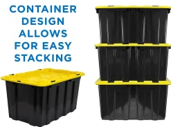 Mount It! Work It! Heavy Duty Plastic Storage Containers, 60 Liters, Black/Yellow, Case Of 3 Bins