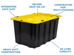 Mount It! Work It! Heavy Duty Plastic Storage Containers, 60 Liters, Black/Yellow, Case Of 3 Bins