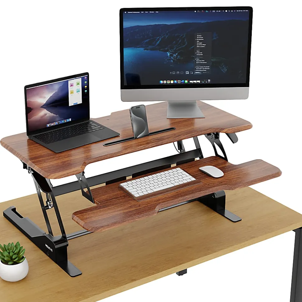 Mount-It! 38"W Standing Desk Converter With Adjustable Height, Brown