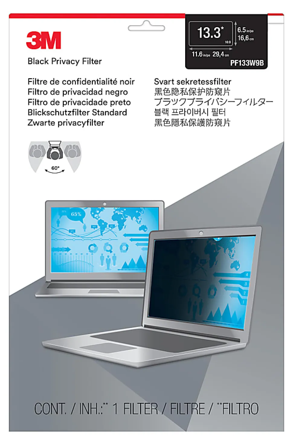 3M Privacy Filter for Laptops with 3M™ COMPLY™ Magnetic Flip Attach, 13.3" Full Screen, 16:9 Aspect Ratio, Reduces Blue Light, Anti-Glare