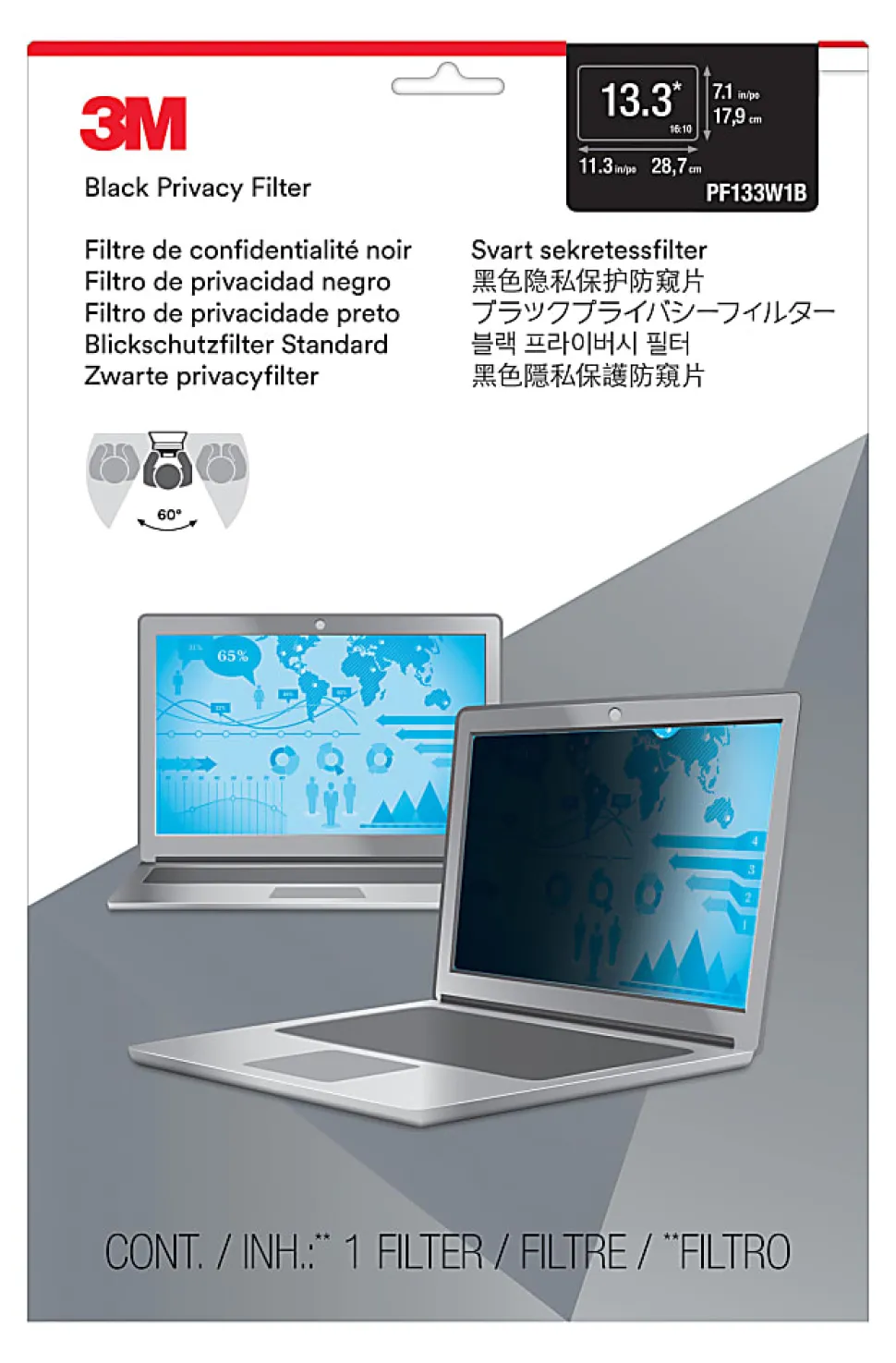 3M™ Privacy Filter Screen for Laptops, 13.3" Widescreen (16:10), PF133W1B