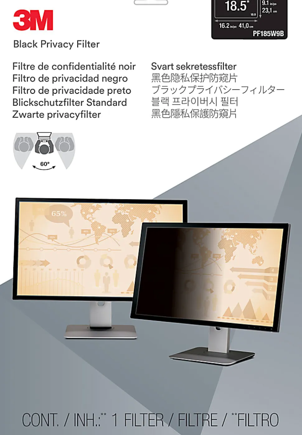 3M™ Privacy Filter Screen for Monitors, 18.5" Widescreen (16:9), PF185W9B