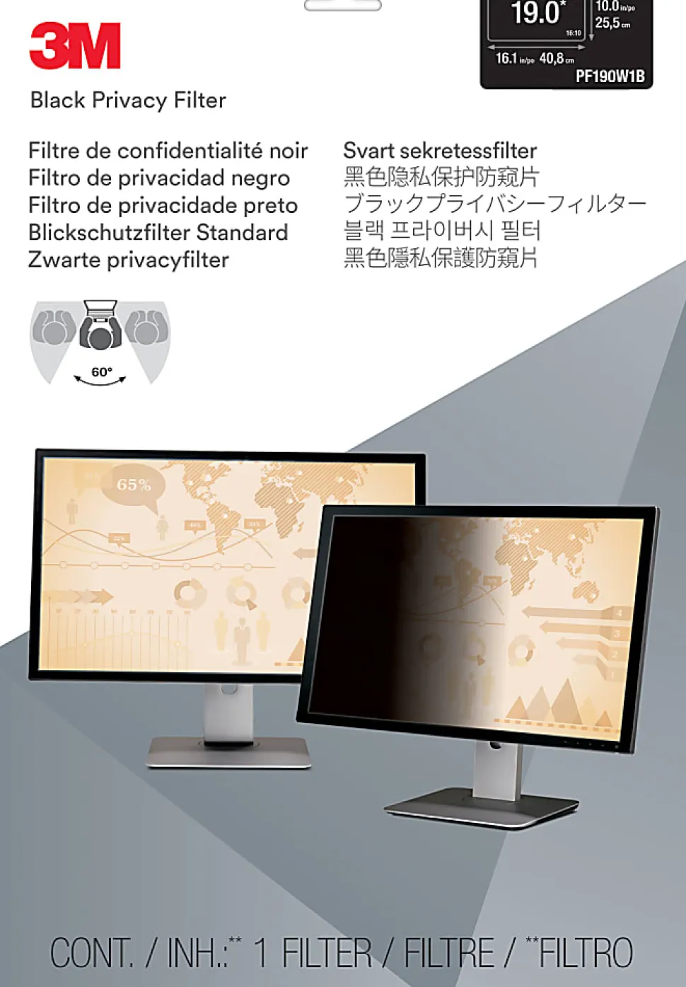 3M™ Privacy Filter Screen for 19" Widescreen Monitors, 16:10 Aspect Ratio, Reduces Blue Light, Anti-Glare