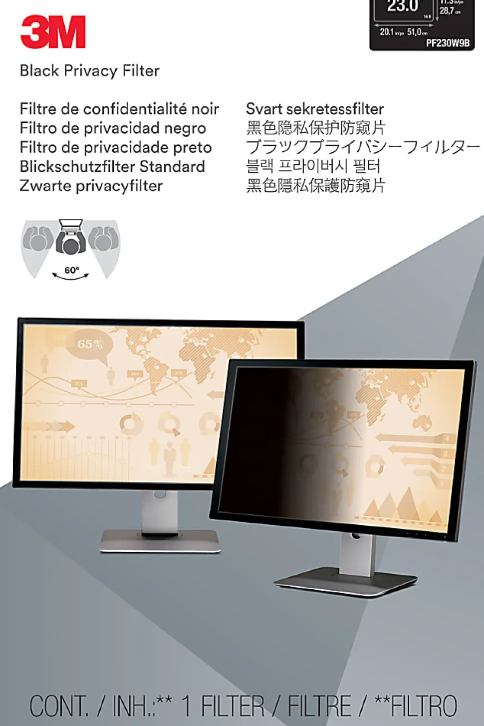 3M™ Privacy Filter Screen for 23" Widescreen Monitors, 16:9 Aspect Ratio, Reduces Blue Light, Anti-Glare