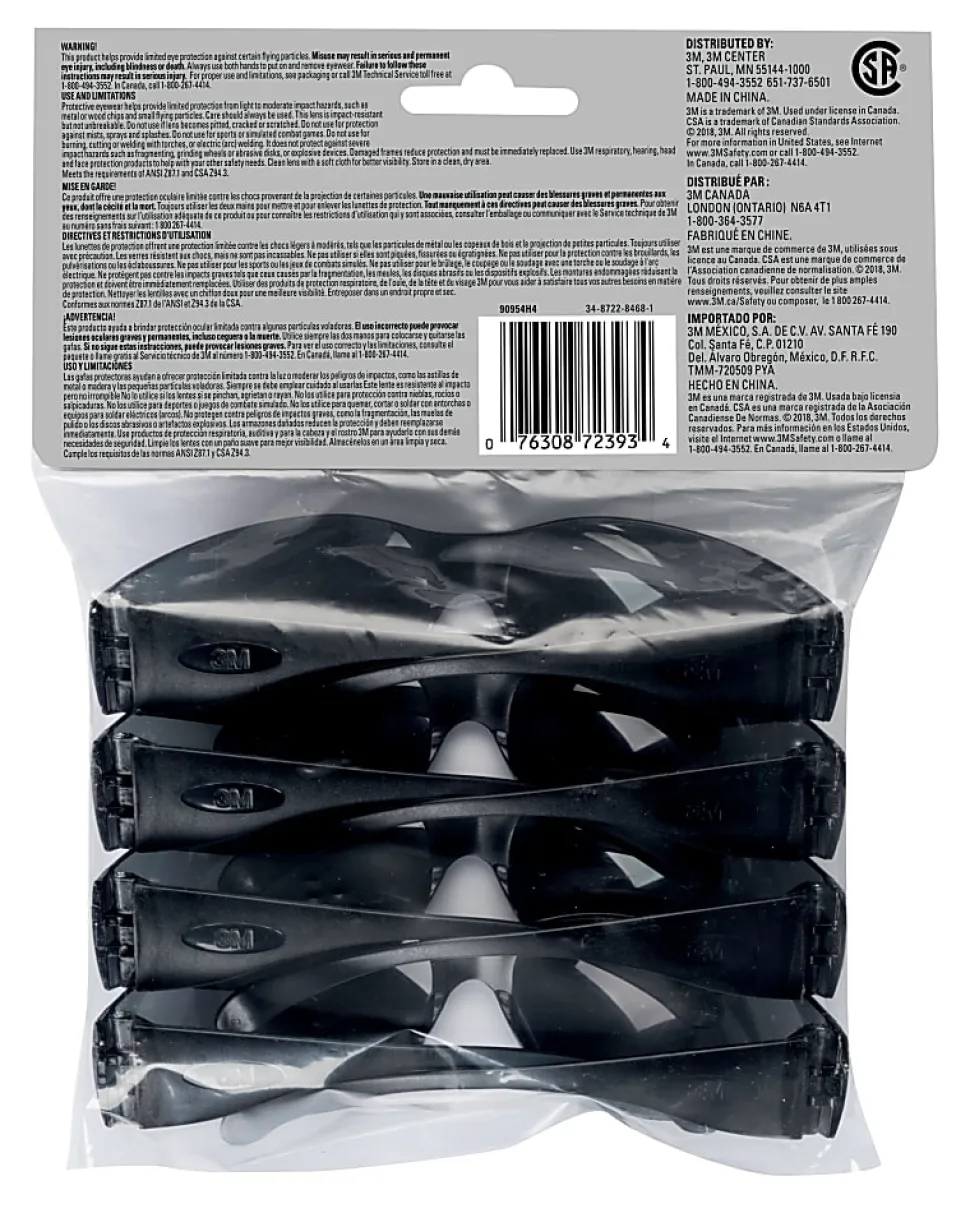 3M Safety Eyewear Anti-Scratch, 4 Pack of Safety Glasses, Gray, Gray Lens