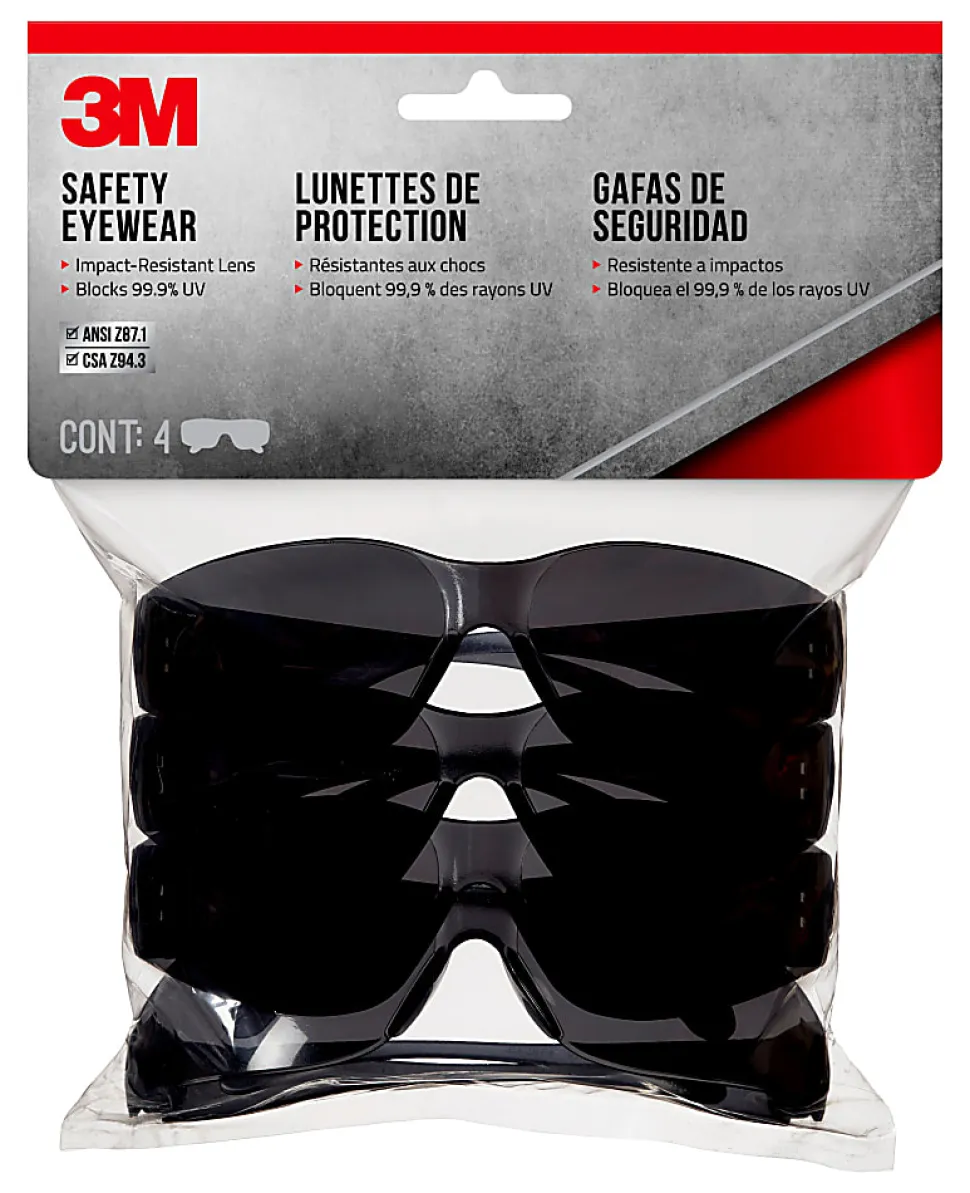 3M Safety Eyewear Anti-Scratch, 4 Pack of Safety Glasses, Gray, Gray Lens