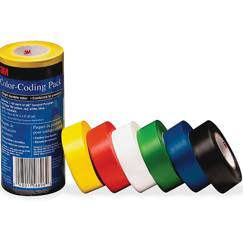 3M Vinyl Tape 764 Color-coding Pack - 21.87 yd x 0.94"x 5 mil Thickness - Multicolor - Rubber - 4 mil - Polyvinyl Chloride (PVC) Backing - 6 / Pack