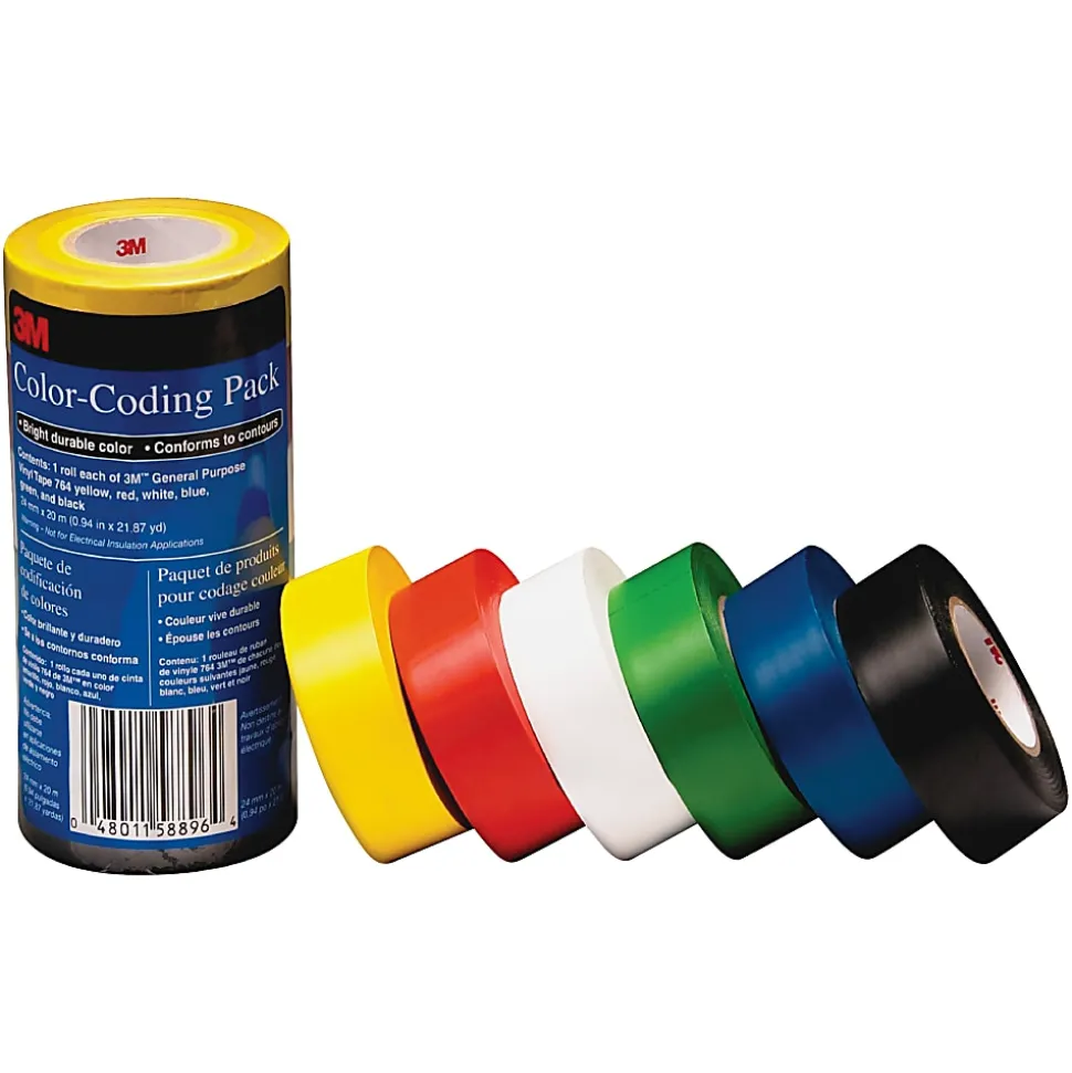 3M Vinyl Tape 764 Color-coding Pack - 21.87 yd x 0.94"x 5 mil Thickness - Multicolor - Rubber - 4 mil - Polyvinyl Chloride (PVC) Backing - 6 / Pack