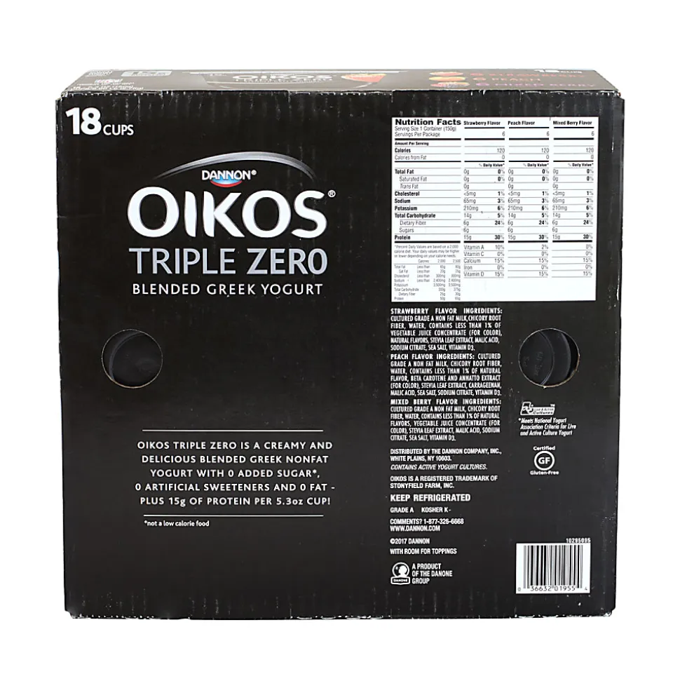 National Brand Dannon Oikos Triple Zero Blended Greek Nonfat Yogurt Variety Pack, 5.3 Oz, Pack Of 18 Tubs