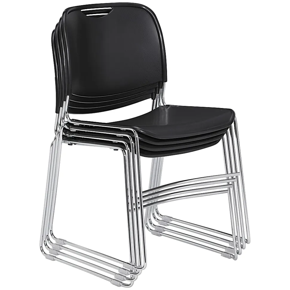 National Public Seating Hi-Tech Plastic Seat, Stacking Chair, 17 1/2" Seat Width, Black Seat/Chrome Frame, Quantity: 4