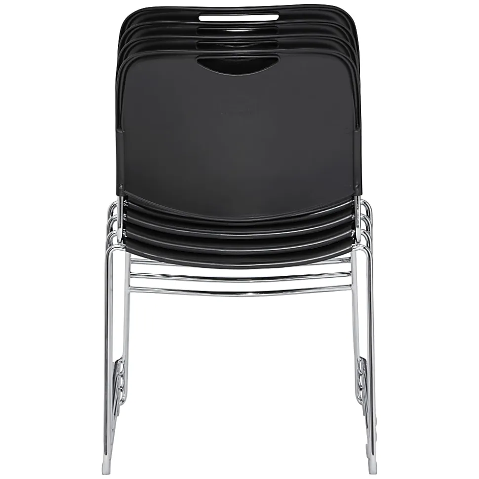 National Public Seating Hi-Tech Plastic Seat, Stacking Chair, 17 1/2" Seat Width, Black Seat/Chrome Frame, Quantity: 4