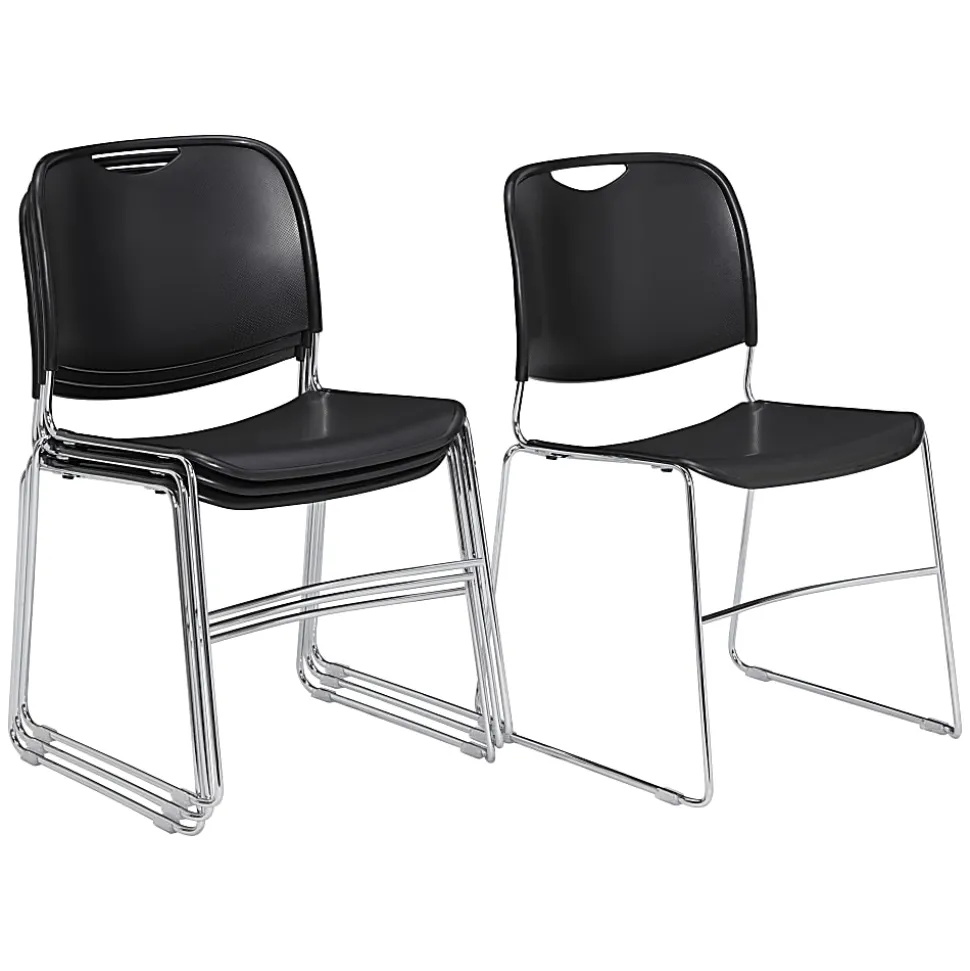 National Public Seating Hi-Tech Plastic Seat, Stacking Chair, 17 1/2" Seat Width, Black Seat/Chrome Frame, Quantity: 4