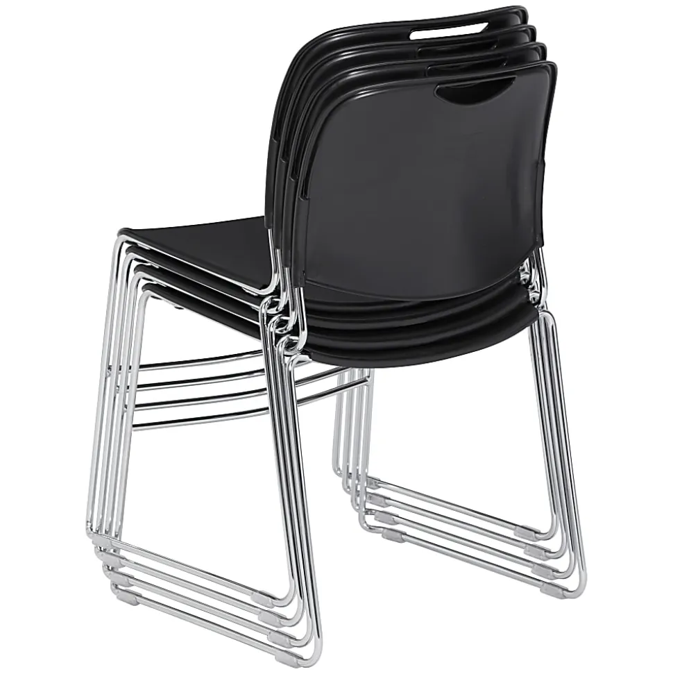 National Public Seating Hi-Tech Plastic Seat, Stacking Chair, 17 1/2" Seat Width, Black Seat/Chrome Frame, Quantity: 4