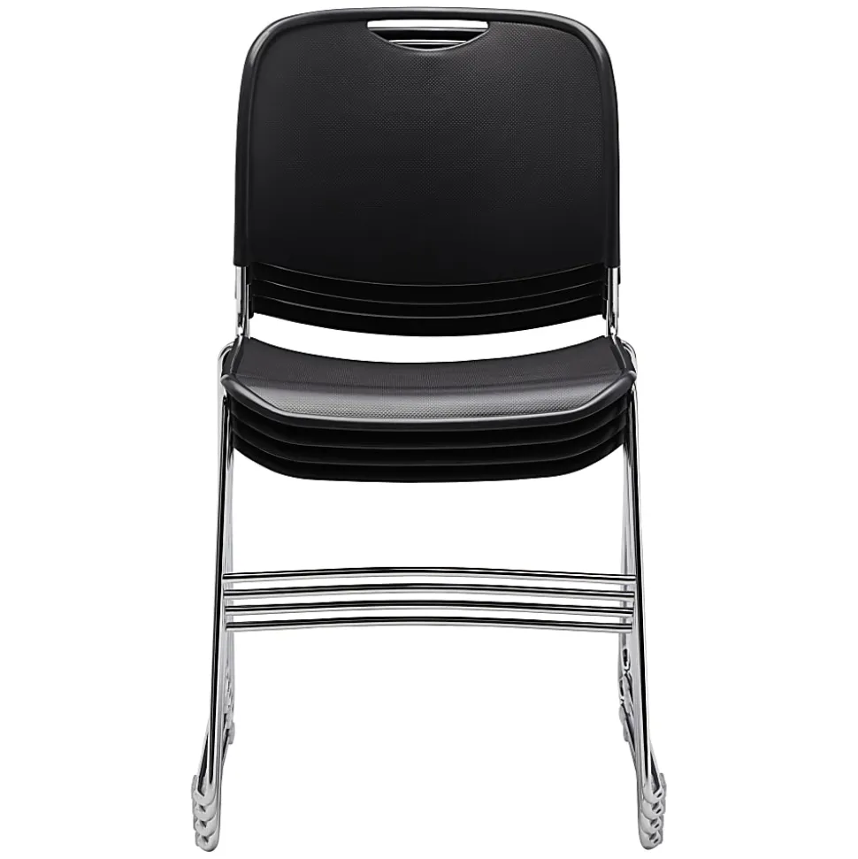 National Public Seating Hi-Tech Plastic Seat, Stacking Chair, 17 1/2" Seat Width, Black Seat/Chrome Frame, Quantity: 4