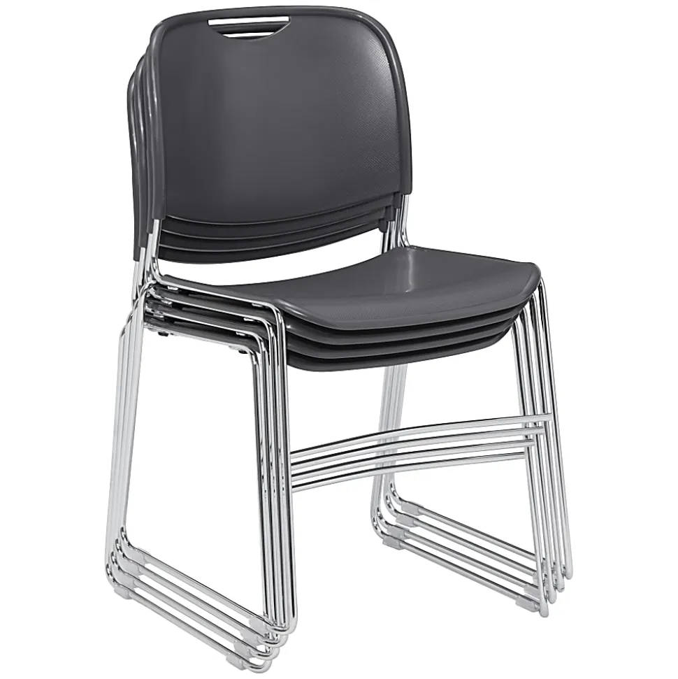 National Public Seating 8500 Ultra-Compact Plastic Stack Chairs, Gunmetal/Chrome, Set Of 4 Chairs