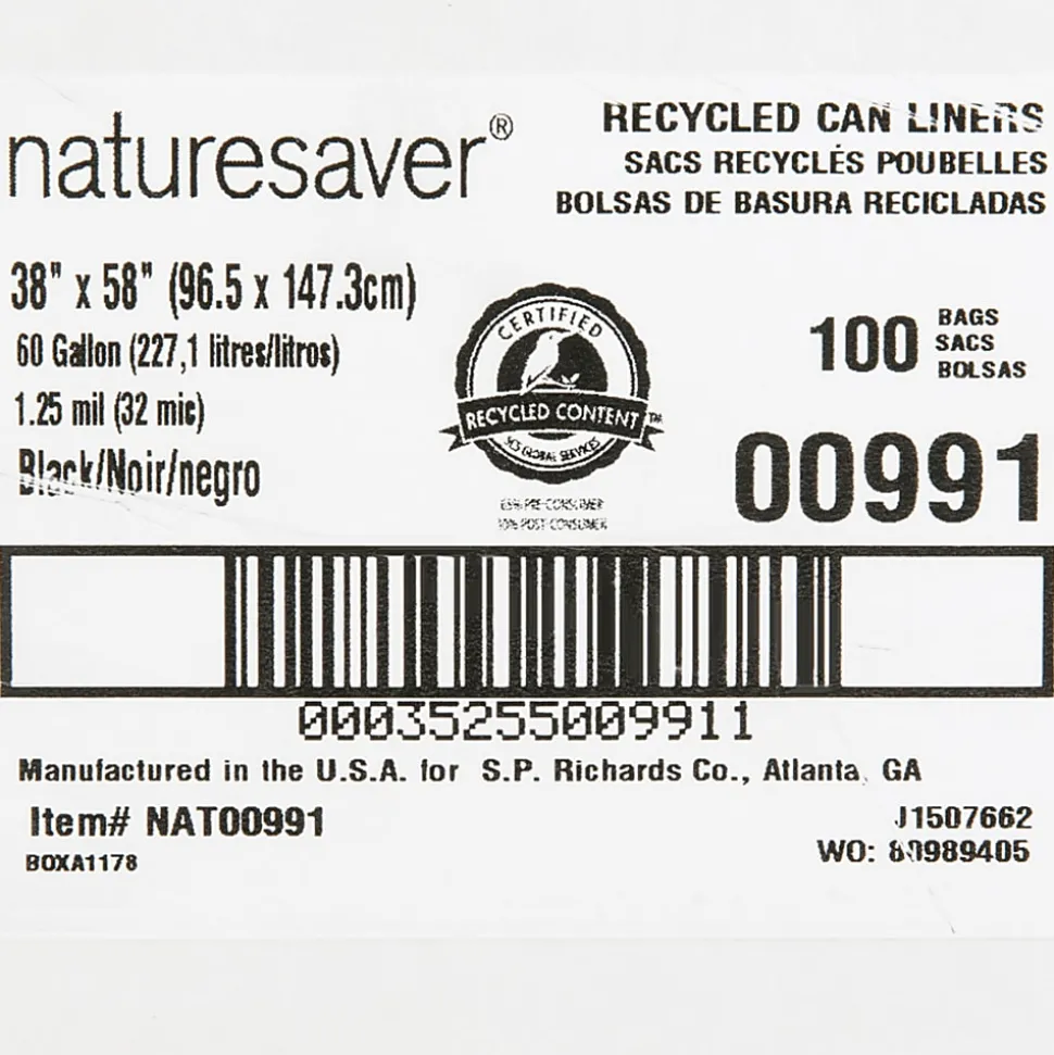 Nature Saver 1.25 mil Can Liners, 60 Gallons, 38" x 58", 75% Recycled, Black, Box Of 100