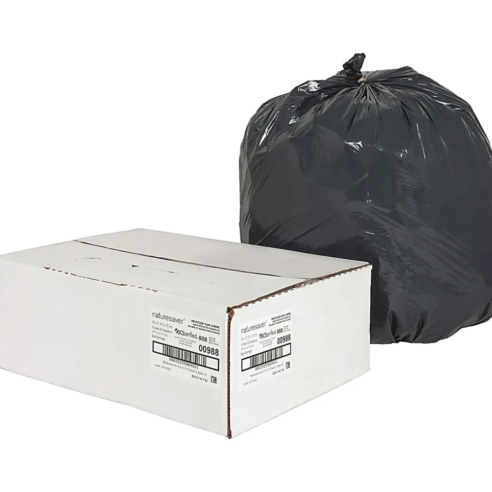 Nature Saver 0.85 mil Can Liners, 16 Gallons, 24" x 31", 75% Recycled, Black, Box Of 500