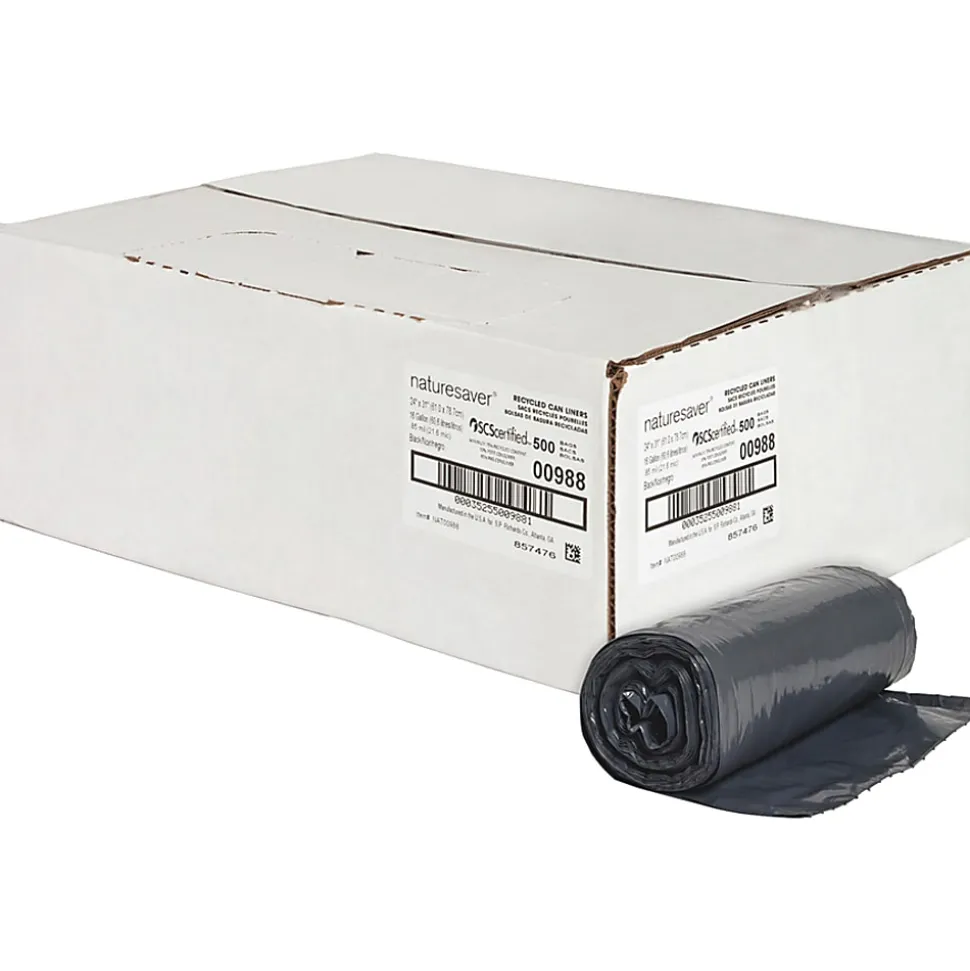 Nature Saver 0.85 mil Can Liners, 16 Gallons, 24" x 31", 75% Recycled, Black, Box Of 500