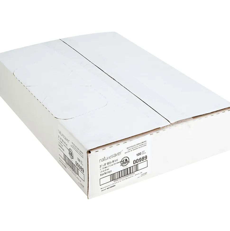 Nature Saver 1.25 mil Can Liners, 31 33 Gallons, 33" x 39", 75% Recycled, Black, Box Of 100