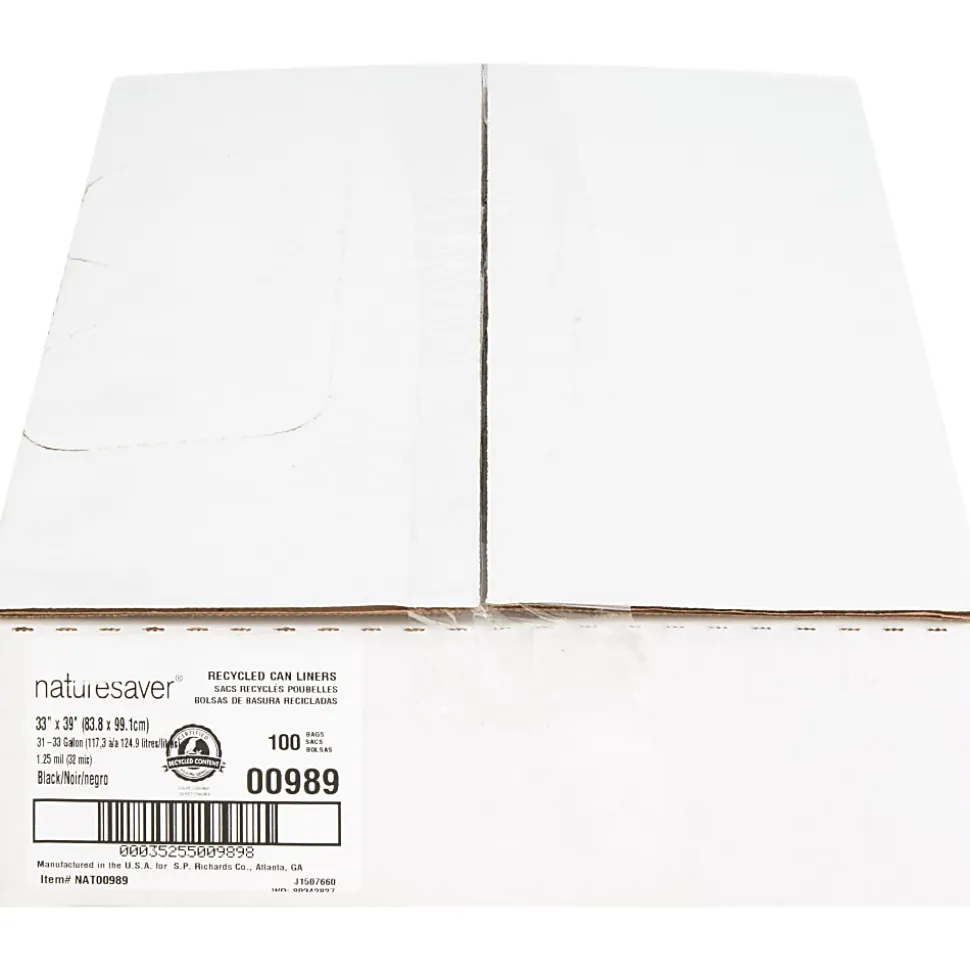 Nature Saver 1.25 mil Can Liners, 31 33 Gallons, 33" x 39", 75% Recycled, Black, Box Of 100